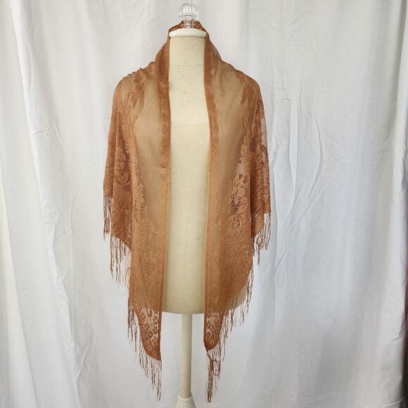 Formal Shawl Fringe Camel Tan Triangle Scarf Lace Evening Wrap Romantic New - Picture 2 of 5